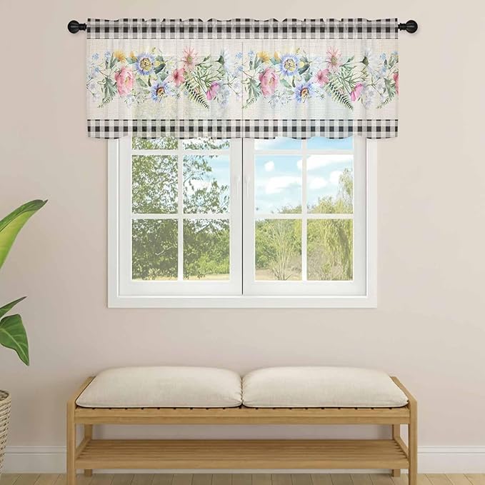 Blue Pink Floral Sheer Valance Curtains, Spring Summer Botanical Linen Black - Image 4