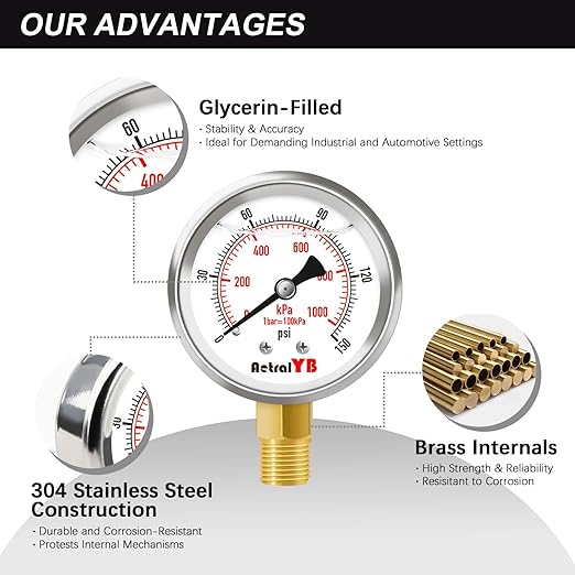 0-150 PSI Pressure Gauge, Liquid-Filled, Stainless Steel Case, Brass Internals - Image 3