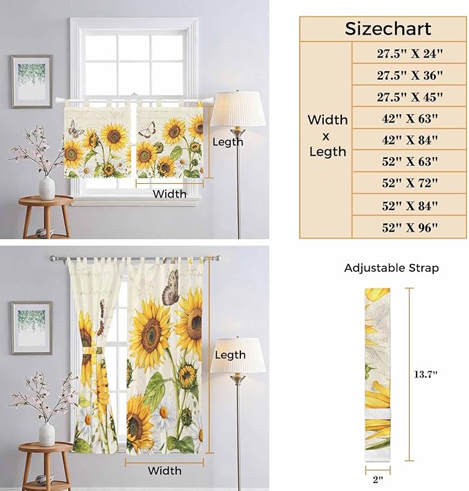 Farm Sunflowers Kitchen Curtains 45 Inch Length, Short Cafe Window Curtains Tab - Image 8