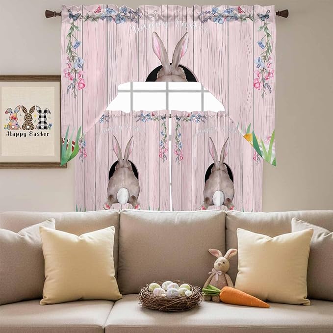 Swag Valance Curtains, Easter Cute Rabbit and Colorful Eggs Rod Pocket Valances - Image 5