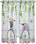 Spring Kitchen Curtains, Bicycles Botanical Leaves Rose Colorful Stripes Light by Unknown