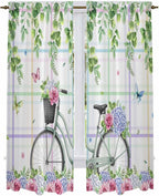 Spring Kitchen Curtains, Bicycles Botanical Leaves Rose Colorful Stripes Light by Unknown