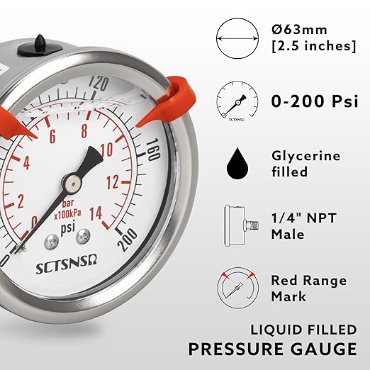 0 to 200 Psi Pressure Gauge, Glycerin Liquid Filled, 2.5 inch Dial, 1/4" NPT - Image 2
