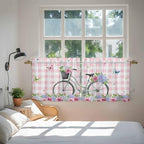 Spring Tier Curtains, Bicycles Leaves Butterfly Flowers Pink Buffalo Plaid - Image 4