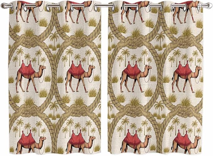 2 Panel Kitchen Cafe Curtains, Camels Palm Trees Sunlight Filtering Nature Air by Hokiten