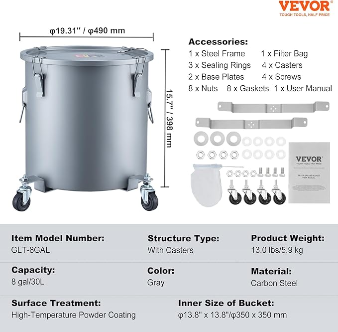 VEVOR Fryer Grease Bucket, 8 Gal Oil Disposal Caddy - Image 7