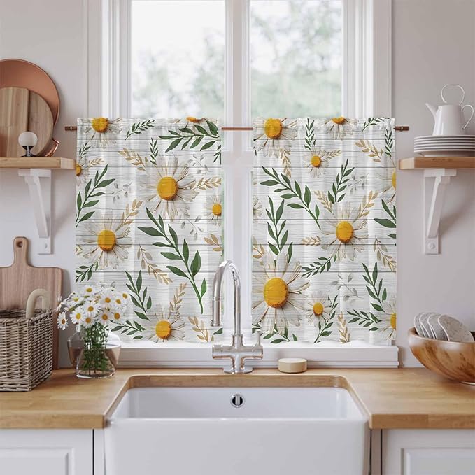 Spring Daisy Kitchen Curtains, Farmhouse Country Flower Leaf Plant Wood Grain - Image 2