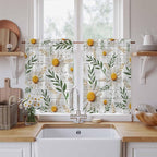 Spring Daisy Tier Curtains, Farmhouse Country Flower Leaf Plant Wood Grain - Image 2
