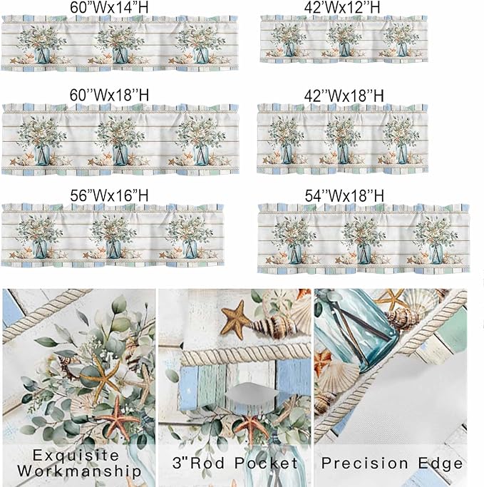 Kitchen Valances for Window, Ocean Starfish Conch Shell Eucalyptus Light - Image 7