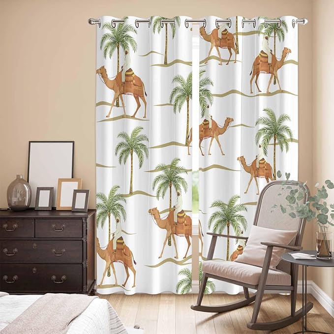 2 Panel Kitchen Cafe Curtains, Desert Camels Sunlight Filtering Nature Air - Image 3