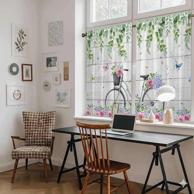 Spring Tier Curtains, Bicycles Botanical Rose Leaves Butterfly Wood Grain Light - Image 6
