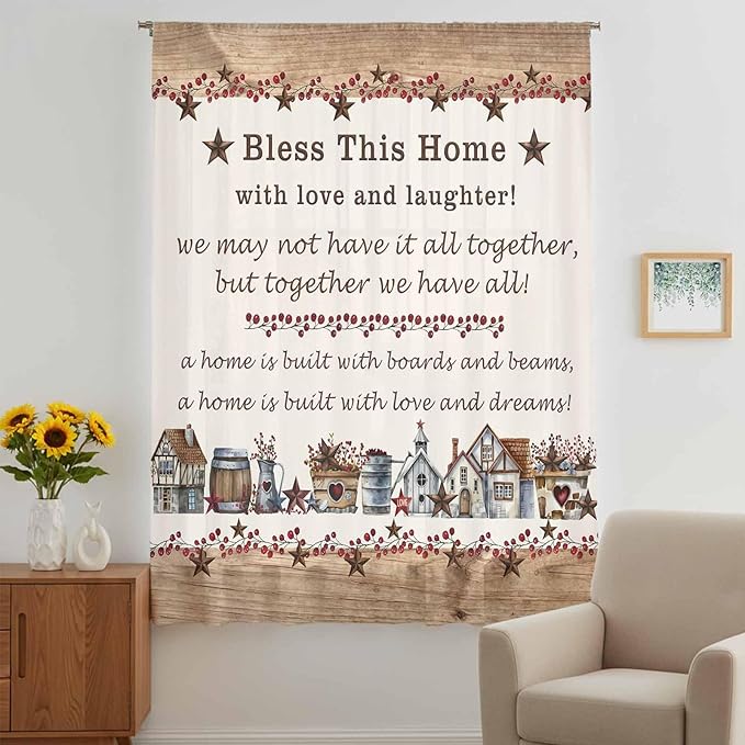 Farmhouse Sheer Curtains 72 Inch Length Country Star Barn Berry Brown Wood - Image 5