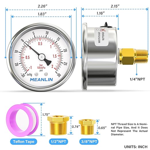 MEANLIN MEASURE -30inHG~30Psi Vacuum Gauge Stainless Steel 1/4" NPT 2" FACE - Image 2