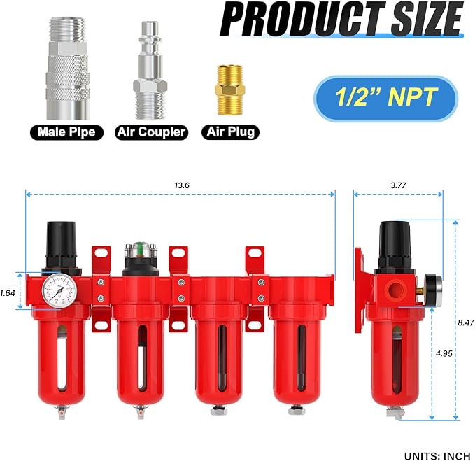 1/2" NPT Industrial Grade 4 Stage Aluminum Air Drying System, Coalescing Filter - Image 2