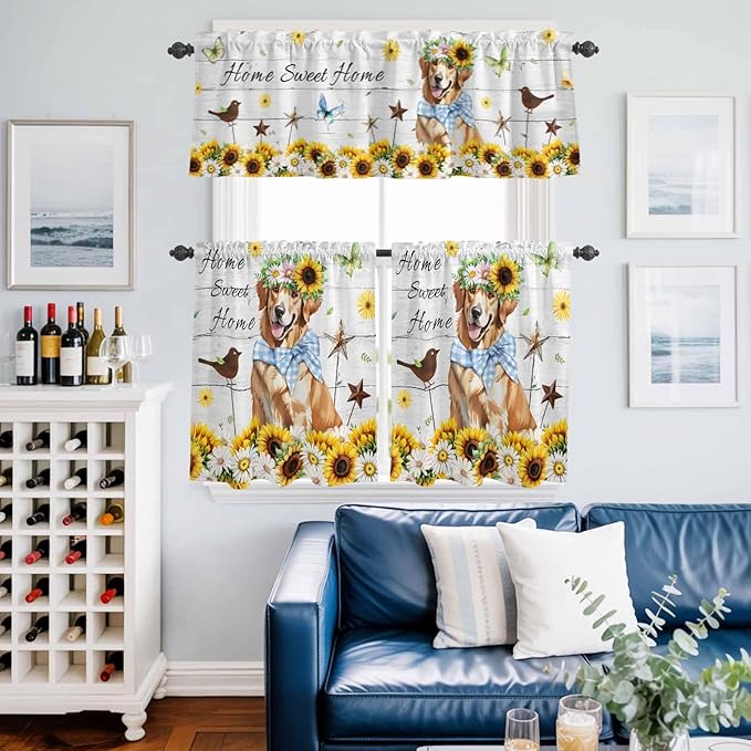 Kitchen Curtains Tiers and Valance Set of 3, Sunflowers Dog Light Filtering - Image 6