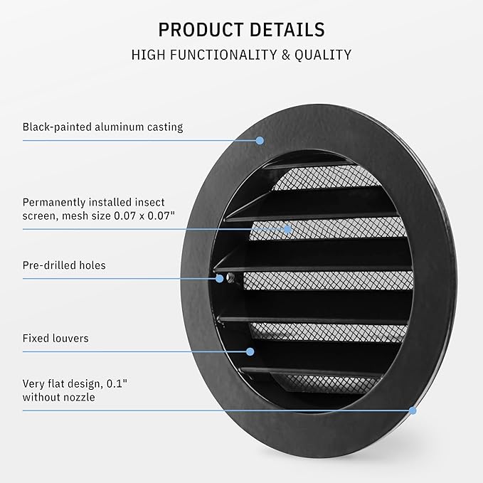 calimaero® WSGB Soffit Vents 4 inch Black Round Grille Vent Cover - Image 4