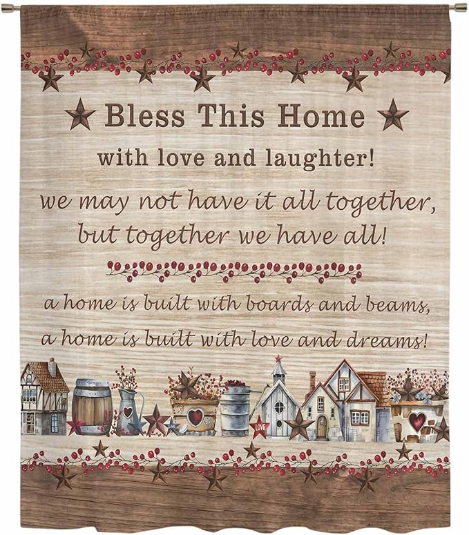 Farmhouse Sheer Curtains 45 Inch Length Brown Country Star Berry Vintage Wood - Image 6