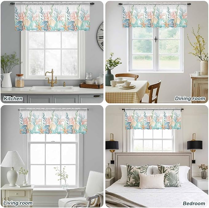Summer Beach Sheer Valance Curtains, Ocean Colorful Coral Shell Seaweed - Image 9
