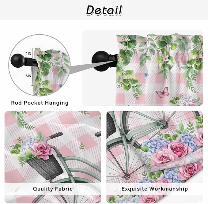 Spring Tier Curtains, Bicycles Leaves Butterfly Flowers Pink Buffalo Plaid - Image 9