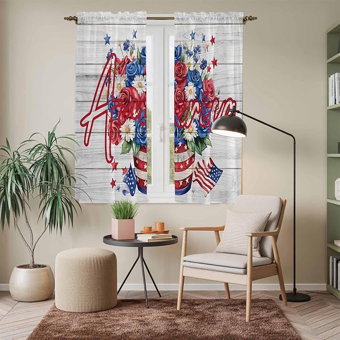 Independence Day Window Curtains 63 Inch Long 2 Panel Set, Rod Pocket Bedroom - Image 7