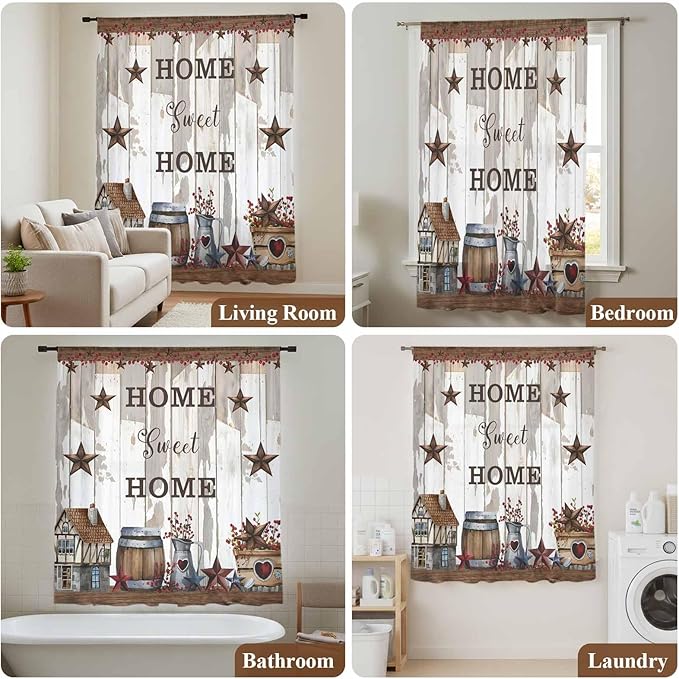 Farmhouse Sheer Curtains 45 Inch Length Retro Country Star Berry Vintage Wood - Image 7