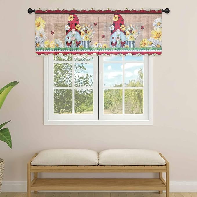 Ladybug Gnome Sheer Valance Curtains, Country Summer Rustic White Yellow Daisy - Image 4