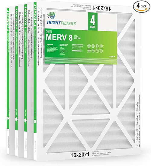 16x20x1 Air Filter 4 Pack, MERV 8 Pleated Dust Defense Air Filters Replacement by TrightFilters