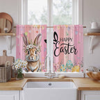 Easter Kitchen Curtains, Spring Rabbit Eggs Flowers Flags Leaves Wood Grain - Image 2