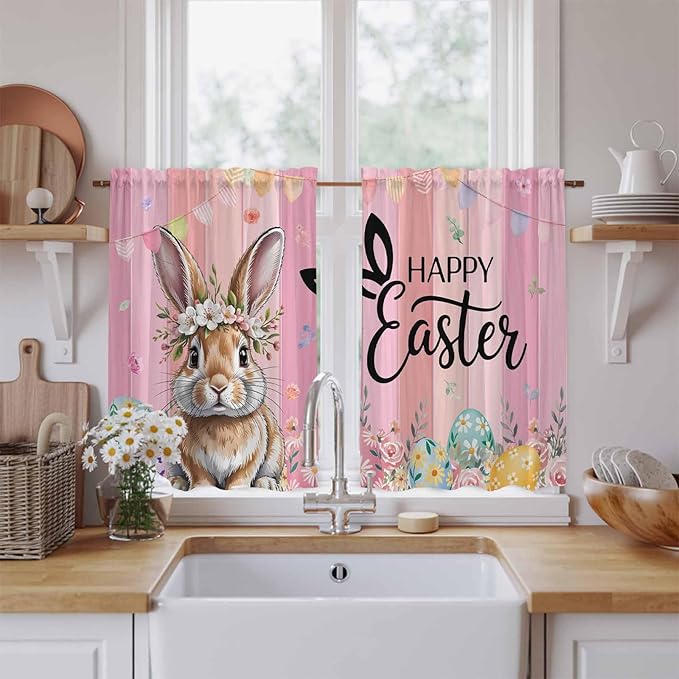 Easter Kitchen Curtains, Spring Rabbit Eggs Flowers Flags Leaves Wood Grain - Image 2