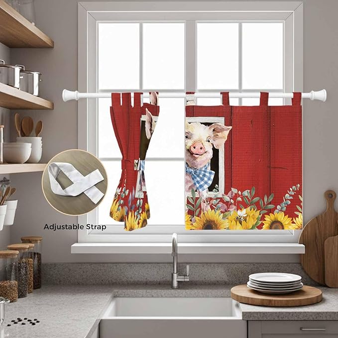 Pig Sunflowers Kitchen Curtains 24 Inch Length, Small Window Curtains Tab Top - Image 5