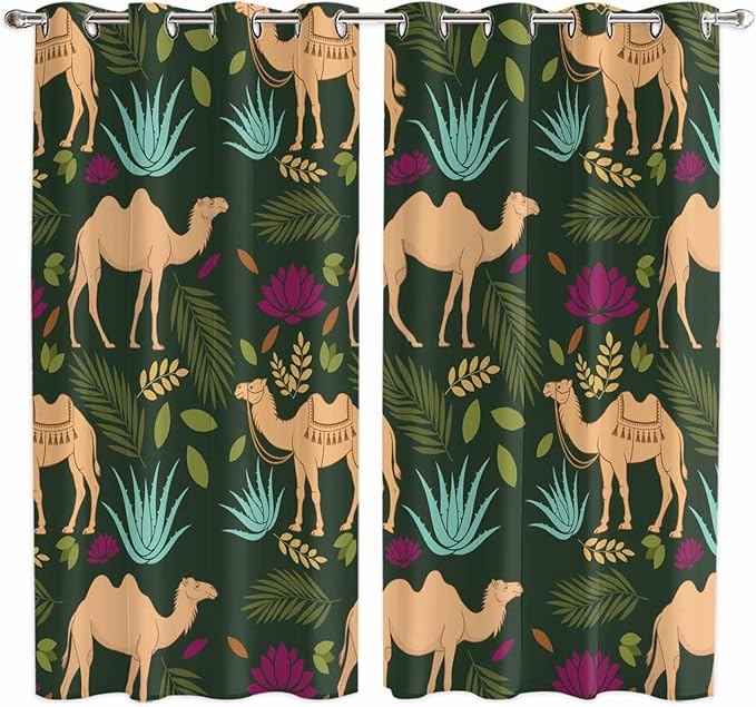 2 Panel Kitchen Cafe Curtains, Retro Desert Camel Sunlight Filtering Nature Air by Hokiten