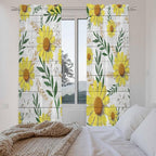 Yellow Daisy Kitchen Curtains, Farmhouse Country Flower Leaf Plant Wood Grain - Image 4