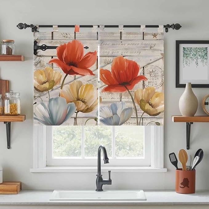 Retro Floral Bedroom Curtains 63 Inch Length, Window Curtains Tab Top - Image 3