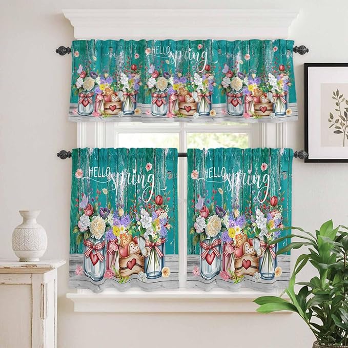 Spring Flowers Kitchen Curtain Set, Farmhouse Watercolor Teal Wood Grain Window - Image 2