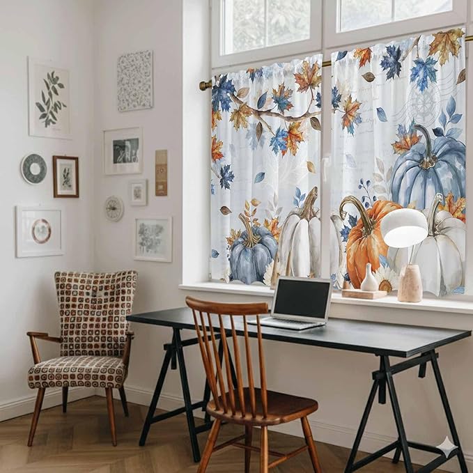 Fall Blue Maple Kitchen Curtains 54 Inch Long 2 Panel Set, Rod Pocket Window - Image 6