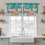 Spring Flowers Tier Curtains, Farmhouse Watercolor Teal Wood Grain Light - Image 2