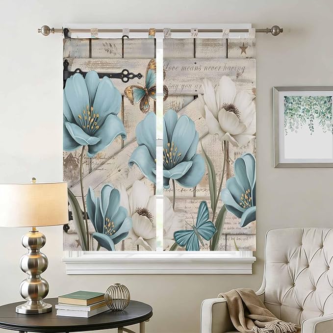 Teal Blue Tulips Bathroom Curtains 63 Inch Length, Window Curtains Tab Top - Image 2