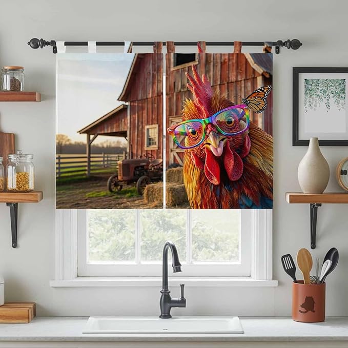 Farm Rooster Bedroom Curtains 63 Inch Length, Window Curtains Tab Top, - Image 3