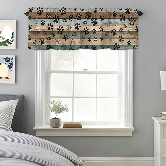 Dog Paws Valances for Windows, Teal Brown Wood Grain Kitchen Valance Light - Image 3