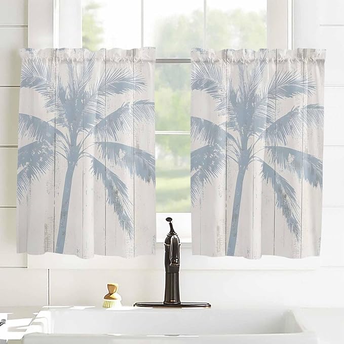 Summer Coconut Tree on Vintage Wood Grain Window Valance Curtains, Seaside - Image 2
