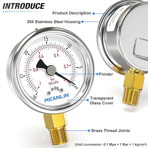 MEANLIN MEASURE -30inHG~0Psi Vacuum Gauge Stainless Steel 1/4" NPT 2" FACE DIAL - Image 4