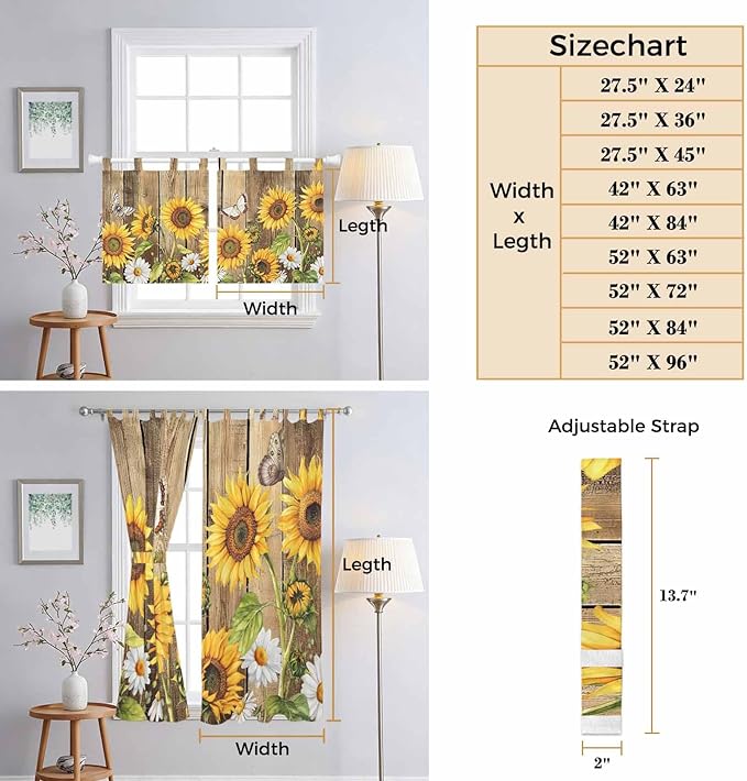 Farmhouse Sunflowers Bedroom Curtains 63 Inch Length, Window Curtains Tab Top - Image 8