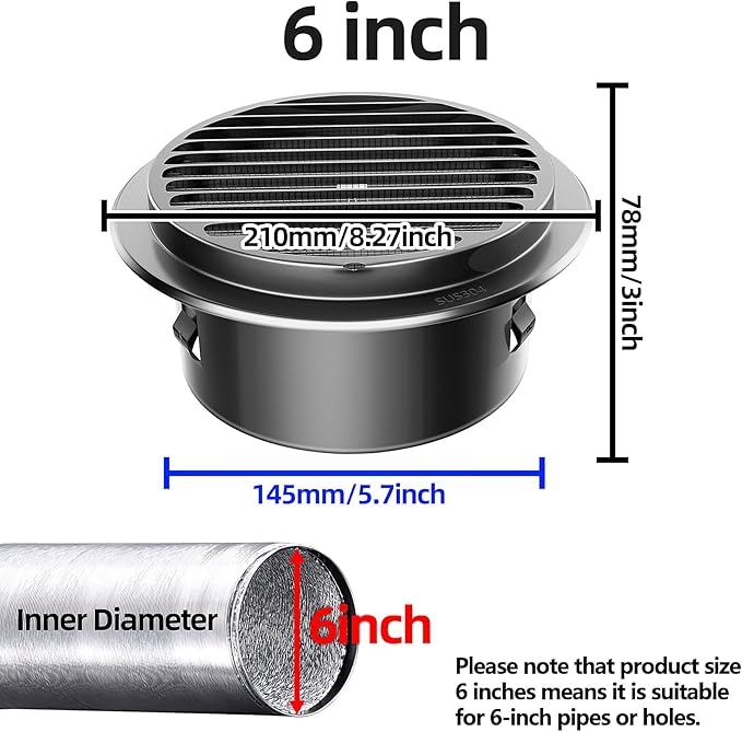 6" in Heavy Duty Thickened 304 Stainless Steel Air Vent Cover Louvered Grille - Image 4