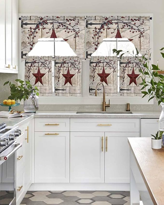 Village Stars Swag Kitchen Curtains Valance and Tier Set, Vintage Dark Red Star - Image 3