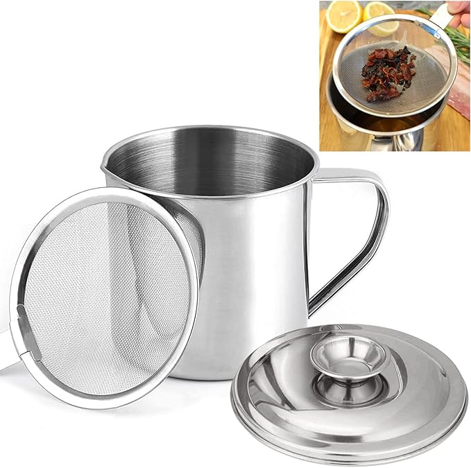 Bacon Grease Container with Strainer, Stainless Steel Oil Storage Can Container by KEISSCO
