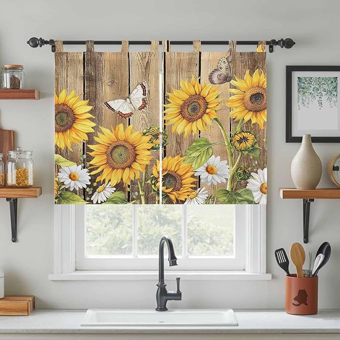 Farmhouse Sunflowers Bedroom Curtains 63 Inch Length, Window Curtains Tab Top - Image 3