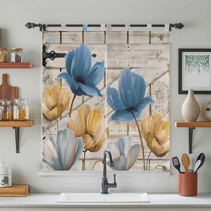 Blue Yellow Tulips Bathroom Curtains 63 Inch Length, Window Curtains Tab Top - Image 3