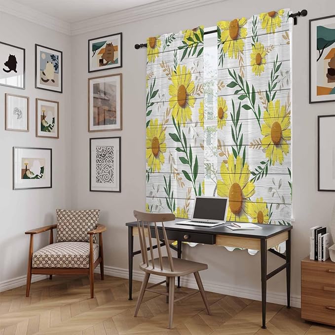 Yellow Daisy Kitchen Curtains, Farmhouse Country Flower Leaf Plant Wood Grain - Image 6