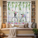 Spring Kitchen Curtains, Bicycles Botanical Leaves Rose Colorful Stripes Light - Image 3