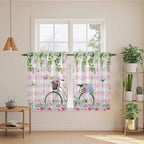 Spring Kitchen Curtains, Bicycles Leaves Butterfly Flowers Pink Buffalo Plaid - Image 3